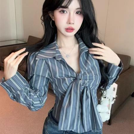 YF6920# (2色入内)甜美时尚POLO领长袖系蝴蝶结弧边修身短装显高别致个性衬衣