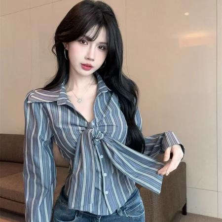 YF6920# (2色入内)甜美时尚POLO领长袖系蝴蝶结弧边修身短装显高别致个性衬衣