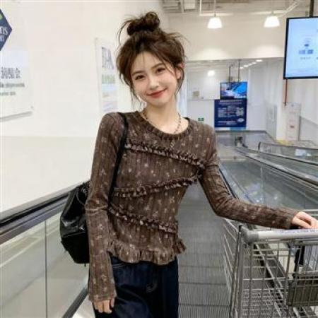 YF6919# 图片色春季新款碎花坑条纹圆领长袖Z字荷叶边设计时尚短款T恤