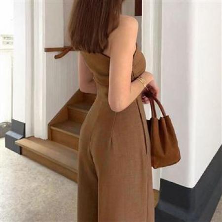 YF6918# (2色入内)欧美站辣妹潮流新款斜肩褶折收腰坠地感阔腿性感连体裤