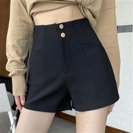 YF6917# 图片色时尚性感褶折收腰双纽扣A字紧身黑色辣妹百搭西装短裤