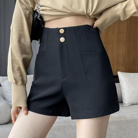 YF6917# 图片色时尚性感褶折收腰双纽扣A字紧身黑色辣妹百搭西装短裤