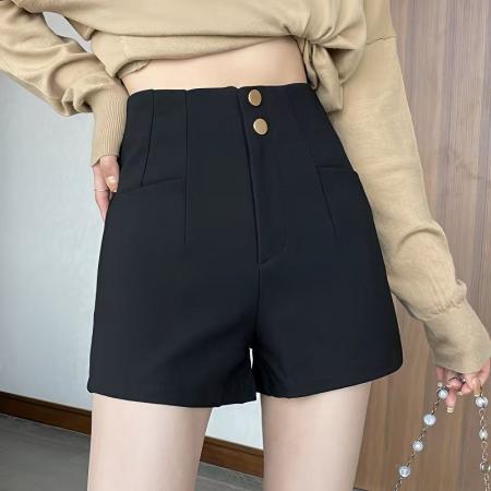YF6917# 图片色时尚性感褶折收腰双纽扣A字紧身黑色辣妹百搭西装短裤