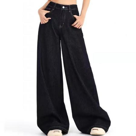 YF3639# 图片色新款美式系扣高腰直筒坠地感阔腿大码慵懒风复古蓝牛仔裤