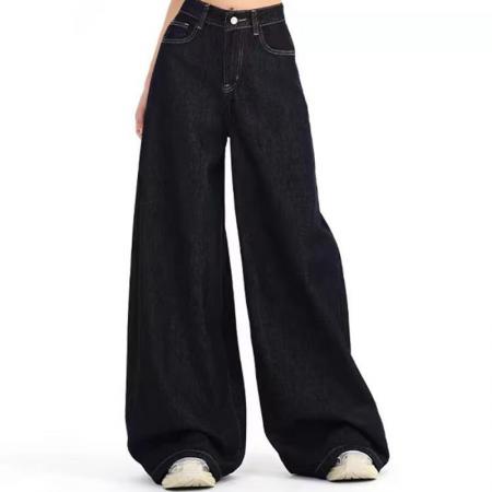 YF3639# 图片色新款美式系扣高腰直筒坠地感阔腿大码慵懒风复古蓝牛仔裤