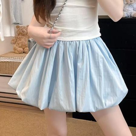 YF3935# (8色入内）原宿风日系松紧腰褶折花苞灯笼防走光内衬蓬蓬半身裙