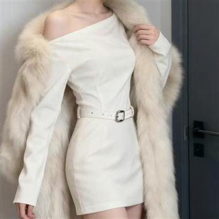 YF3932# 图片色时尚春装纯欲风性感露脐长袖系腰显瘦包臀白色别致短款连衣裙