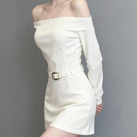 YF3932# 图片色时尚春装纯欲风性感露脐长袖系腰显瘦包臀白色别致短款连衣裙