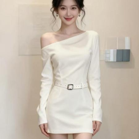 YF3932# 图片色时尚春装纯欲风性感露脐长袖系腰显瘦包臀白色别致短款连衣裙