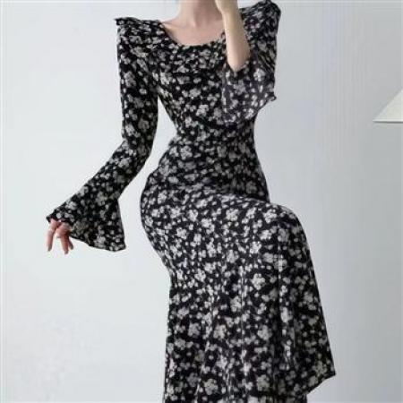 YF6930# (3色入内）韩版春装小飞袖荷叶边圆领修腰过膝中长款碎花别致连衣裙