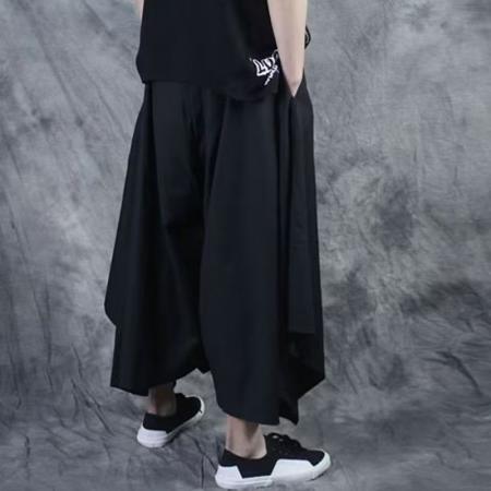 YF6928# 图片色韩版不规则裁剪设计松紧腰大摆阔腿假两件休闲九分裤