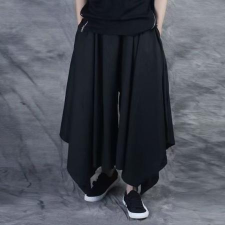 YF6928# 图片色韩版不规则裁剪设计松紧腰大摆阔腿假两件休闲九分裤