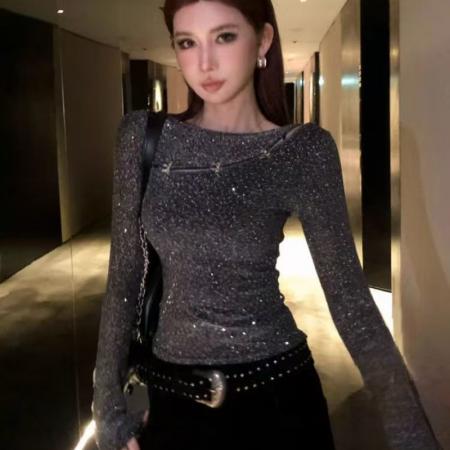 YF6927# (2色入内）性感时尚镂空烫钻满天星设计正反两穿辣妹春装