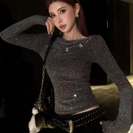 YF6927# (2色入内）性感时尚镂空烫钻满天星设计正反两穿辣妹春装