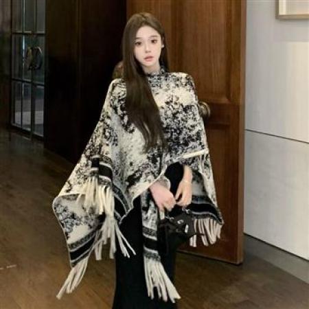 YF6945# 图片色时尚泼墨碎花流苏设计围巾 空调房保暖双面提花斗蓬披肩