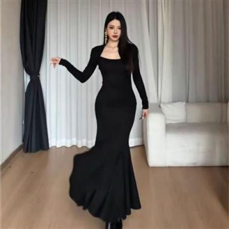 YF6944# 图片色优雅时尚宴会气质长袖修腰包臀褶折鱼尾中长款连衣裙