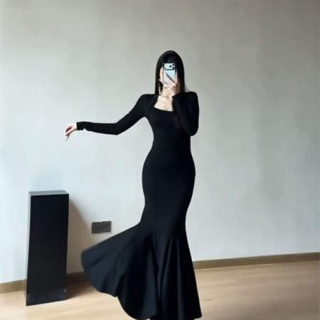 YF6944# 图片色优雅时尚宴会气质长袖修腰包臀褶折鱼尾中长款连衣裙