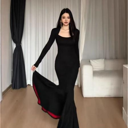 YF6944# 图片色优雅时尚宴会气质长袖修腰包臀褶折鱼尾中长款连衣裙