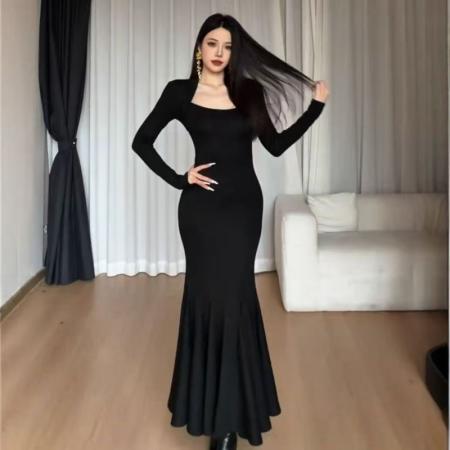 YF6944# 图片色优雅时尚宴会气质长袖修腰包臀褶折鱼尾中长款连衣裙