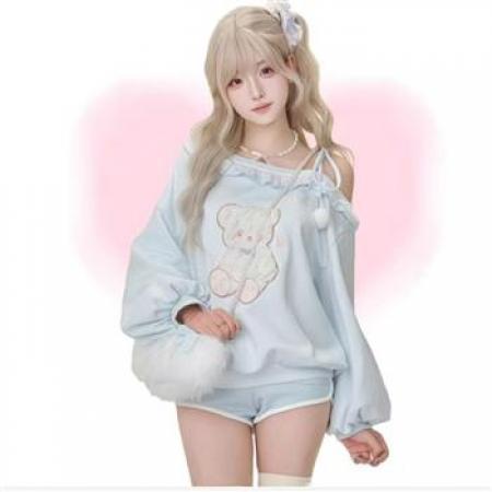YF6943# 图片色港式甜美时尚泡泡袖斜肩露肩荷叶边小熊刺绣宽松大码卫衣
