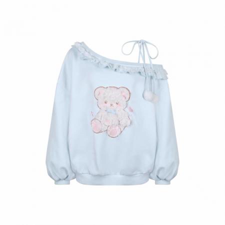 YF6943# 图片色港式甜美时尚泡泡袖斜肩露肩荷叶边小熊刺绣宽松大码卫衣