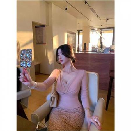 YF6942# 图片色2026新款长袖V领蕾丝绸拼接扭纹束胸弹力收腹显瘦假两件上衣