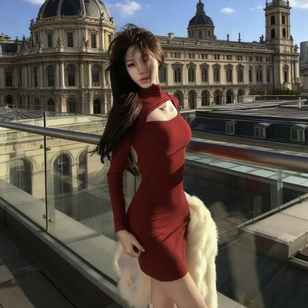 YF6941# 图片色春季辣妹新款性感后背镂空长袖镂空紧身弹力包臀显瘦连衣裙