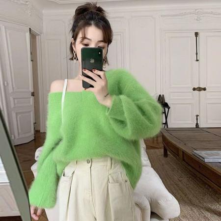 YF6940# (4色入内）慵懒风露肩泡泡袖抹胸海马毛宽松大码显瘦原宿风加厚针织上衣