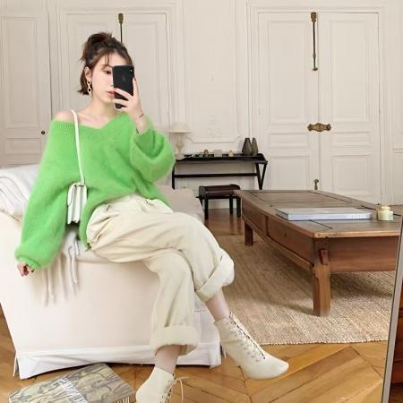 YF6940# (4色入内）慵懒风露肩泡泡袖抹胸海马毛宽松大码显瘦原宿风加厚针织上衣