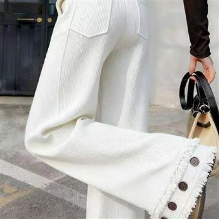 YF6939# 图片色韩版高腰坑条纹流苏铆钉设计松紧腰显瘦坠地感直筒休闲裤