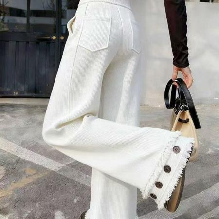 YF6939# 图片色韩版高腰坑条纹流苏铆钉设计松紧腰显瘦坠地感直筒休闲裤