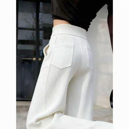 YF6939# 图片色韩版高腰坑条纹流苏铆钉设计松紧腰显瘦坠地感直筒休闲裤