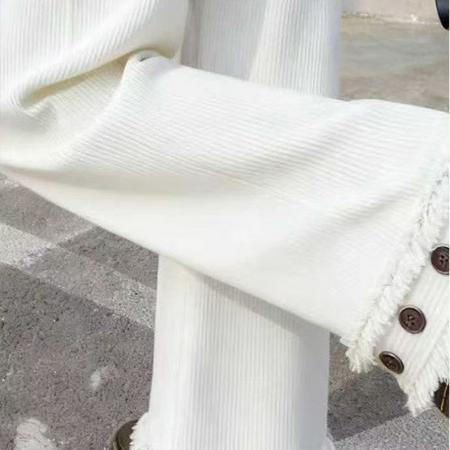 YF6939# 图片色韩版高腰坑条纹流苏铆钉设计松紧腰显瘦坠地感直筒休闲裤