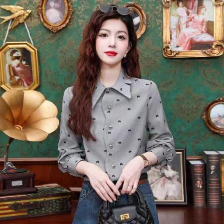 YF6938# (2色入内)韩版春秋水波纹暗花设计长袖翻领宽松大码高级感衬衣