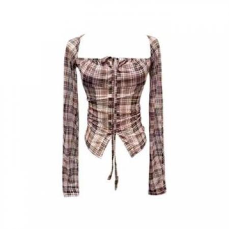 YF6937－图片色小清新复古风长袖方领系蝴蝶结弹力收腹显瘦开叉短款上衣