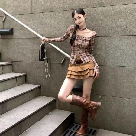 YF6937－图片色小清新复古风长袖方领系蝴蝶结弹力收腹显瘦开叉短款上衣