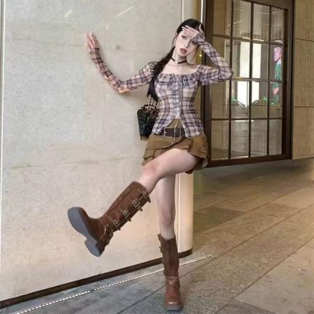 YF6937－图片色小清新复古风长袖方领系蝴蝶结弹力收腹显瘦开叉短款上衣