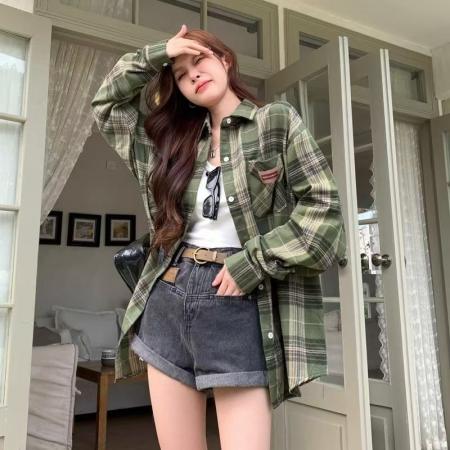 YF6955# 图片色春装新款磨毛格子衬衣 慵懒风复古大码休闲百搭上衣
