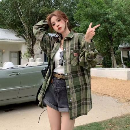 YF6955# 图片色春装新款磨毛格子衬衣 慵懒风复古大码休闲百搭上衣