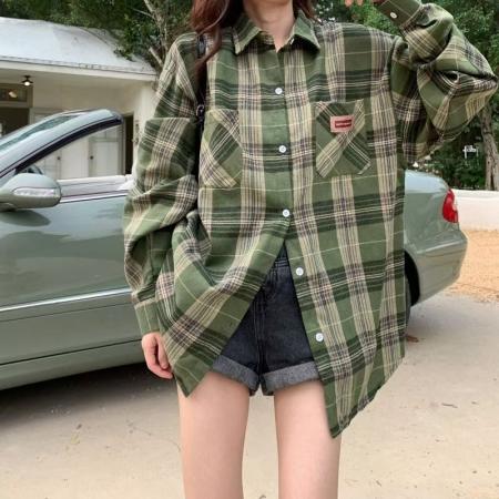 YF6955# 图片色春装新款磨毛格子衬衣 慵懒风复古大码休闲百搭上衣