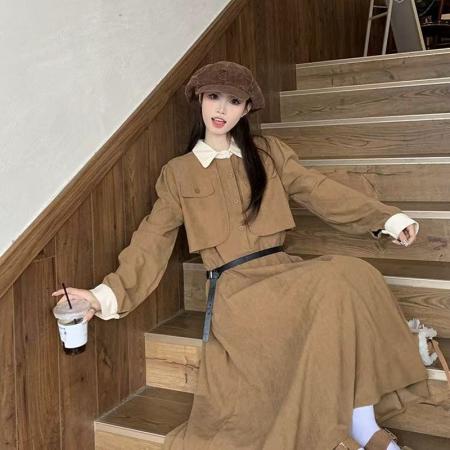 YF6953# (2色入内）假两件撞色翻领系扣荷叶边大摆法式甜美气质收腰灯芯绒连衣裙