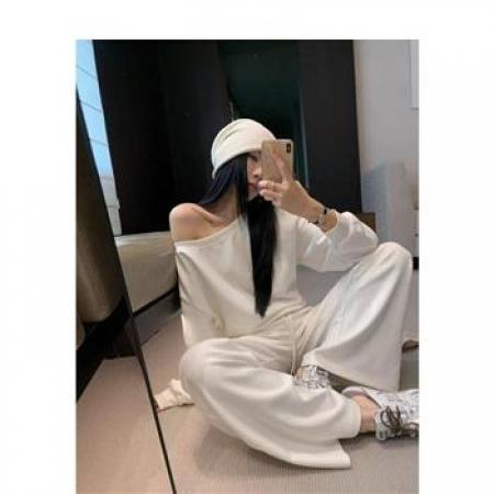 YF6952# 图片色简约白色学院风露肩长袖宽松胖MM显瘦辣妹春秋百搭卫衣