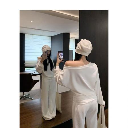 YF6952# 图片色简约白色学院风露肩长袖宽松胖MM显瘦辣妹春秋百搭卫衣