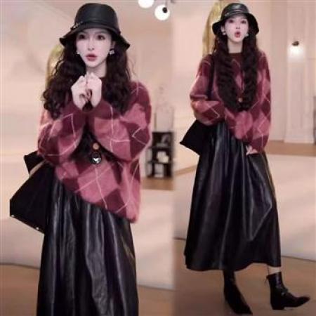 YF6951# (2色入内）秋冬复古格子撞色软糯舒适设计宽松大码显瘦慵懒风针织毛衣