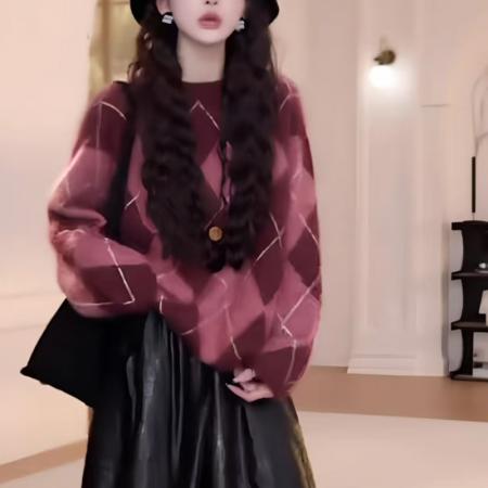 YF6951# (2色入内）秋冬复古格子撞色软糯舒适设计宽松大码显瘦慵懒风针织毛衣