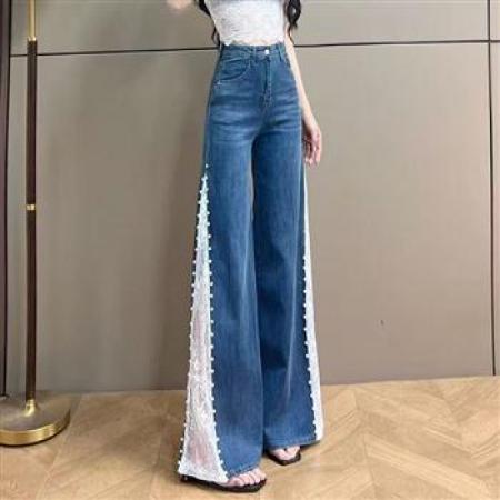 YF6948# （2色入内）港式辣妹微喇叭蕾丝拼接钉珠系扣高腰坠地感阔腿牛仔裤
