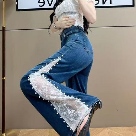 YF6948# （2色入内）港式辣妹微喇叭蕾丝拼接钉珠系扣高腰坠地感阔腿牛仔裤