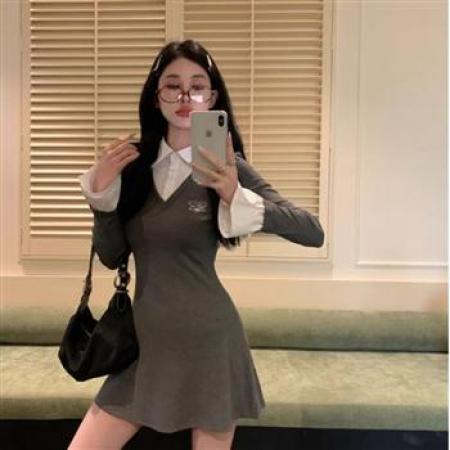 YF6965# (2色入内)春季假两件POLO领拼接V领字母刺绣修腰显瘦连衣裙