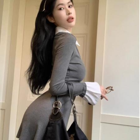 YF6965# (2色入内)春季假两件POLO领拼接V领字母刺绣修腰显瘦连衣裙