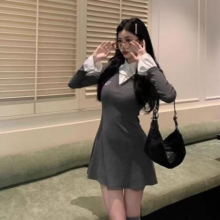 YF6965# (2色入内)春季假两件POLO领拼接V领字母刺绣修腰显瘦连衣裙